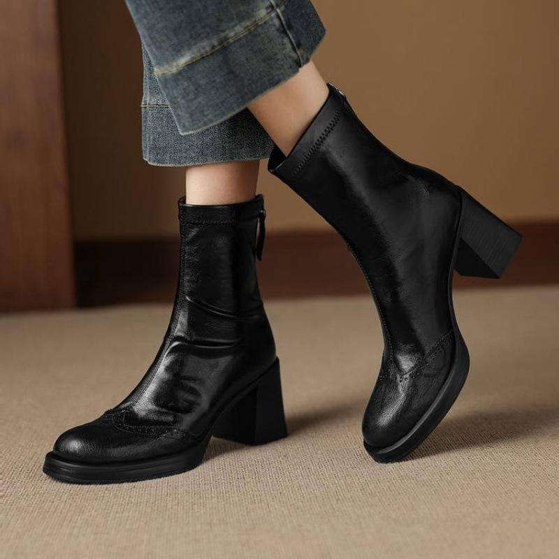 New women's high-heeled large-size medium boots rear zipper non-slip Martin boots Korean version round head rubber sole square heel women's boots