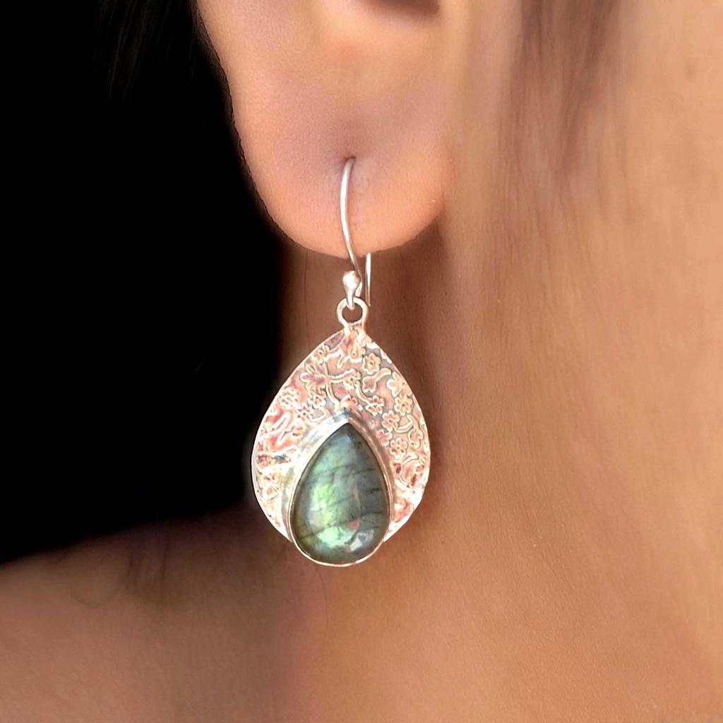 Labradorite 925 Silver Flower Texture Earrings, Pear Gemstone Handmade Earrings, Gift For Her