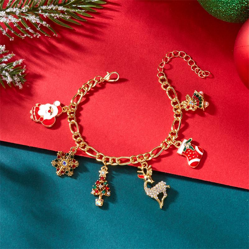 Creative Christmas Elk Bell Zircon Bracelet for Women Cute Santa Claus Tree Candy Cane Stocking Multi Pendant Chain Zircon Gift