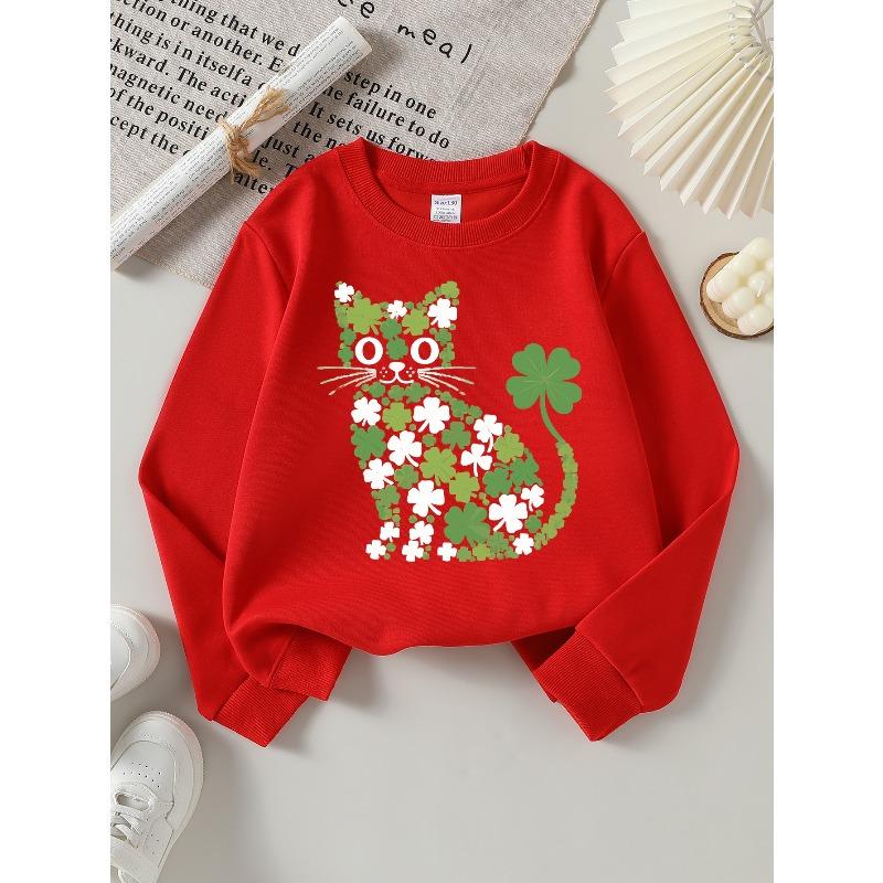 Girls  Sweatshirt, Girls  Clothes, Girls  Round Neck Fashion Sweatshirt, Lucky Cat Clover Pattern Green White 110 красный