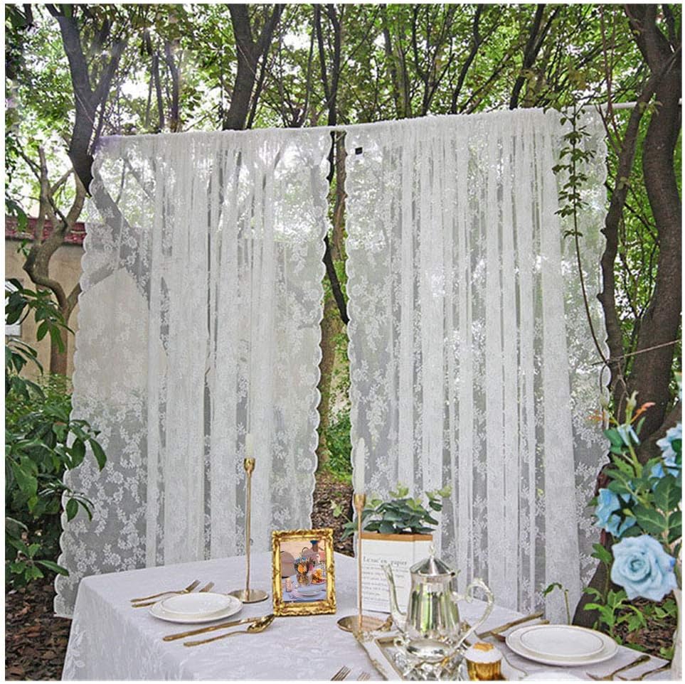 White Floral Embroidered Lace Sheer Curtains Rod Pocket Window Voile Drapes for Living Room Bedroom Wedding Stage Decor