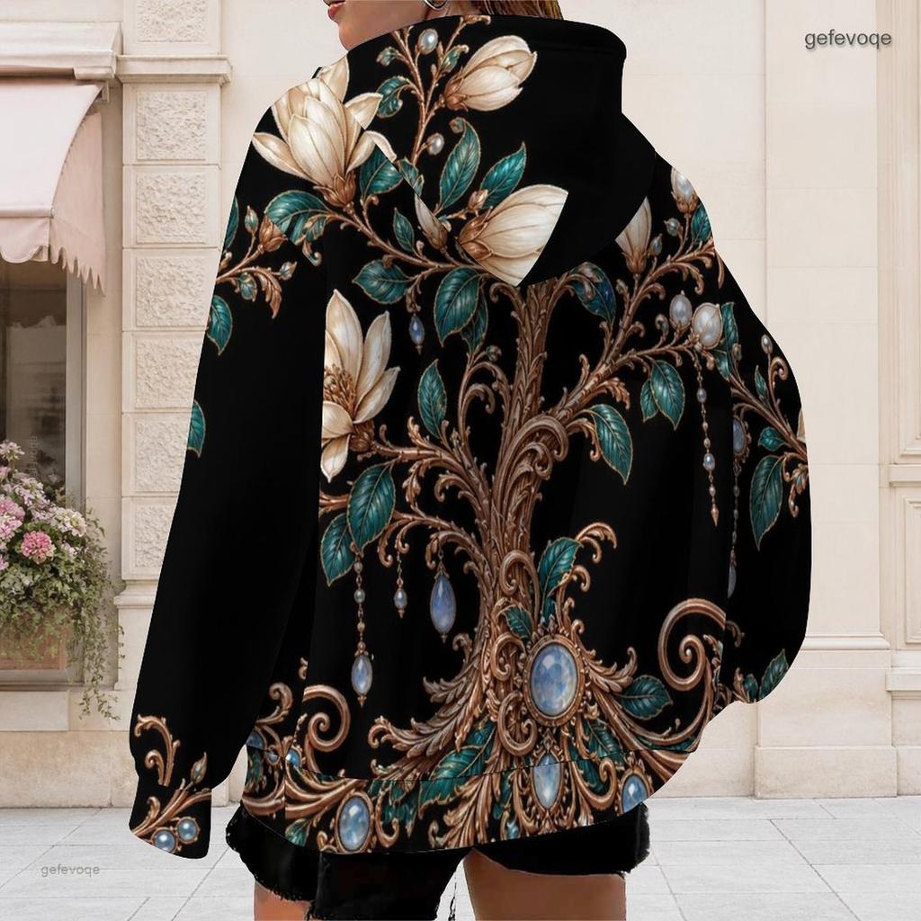 Women Plus Size Zip Up Hoodie Long Sleeve Floral Printed Hooded Sweatshirt With Pockets