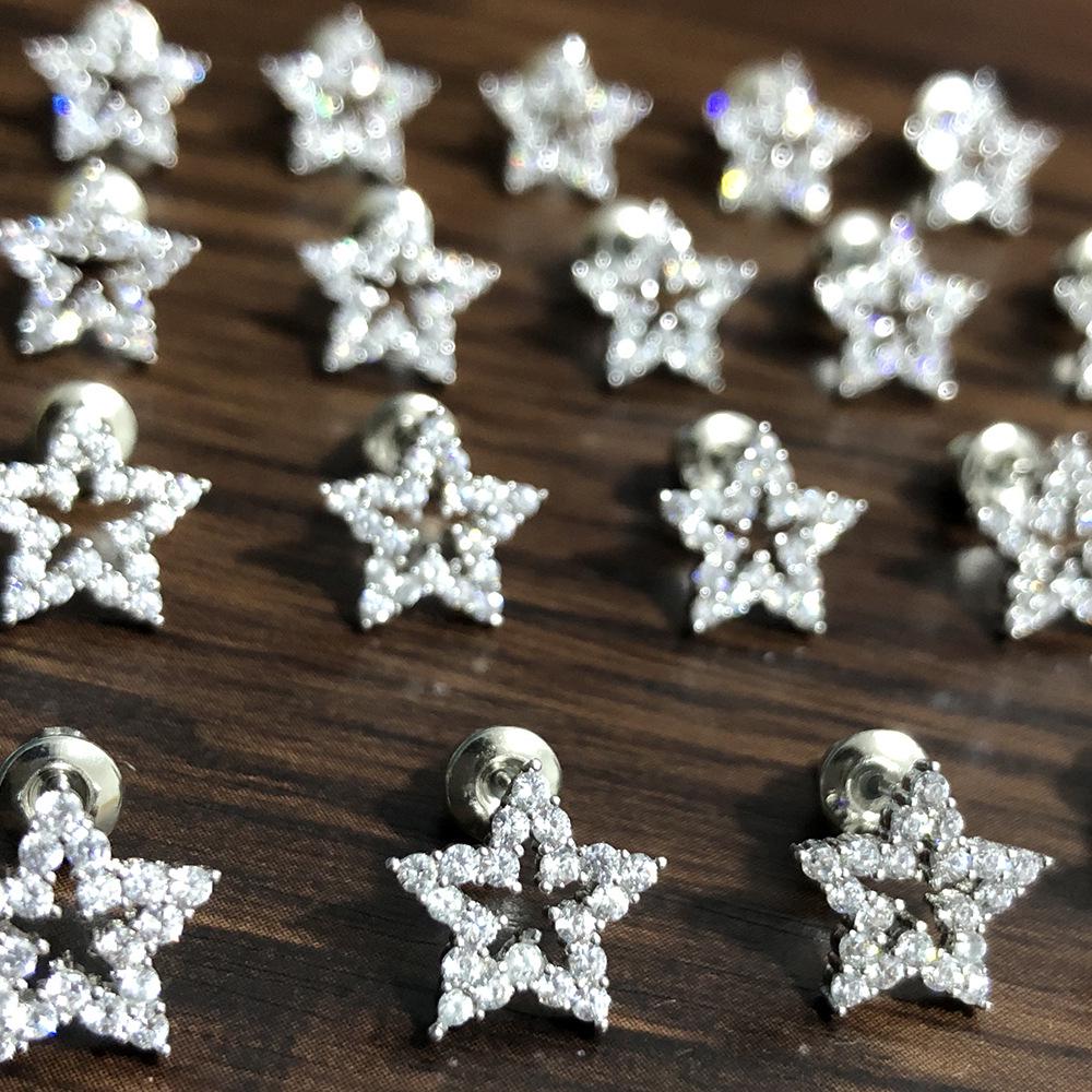 Elegant Copper-Plated White Gold Stud Earrings with Zirconia Five-Pointed Star and Micro-Inlaid Diamonds