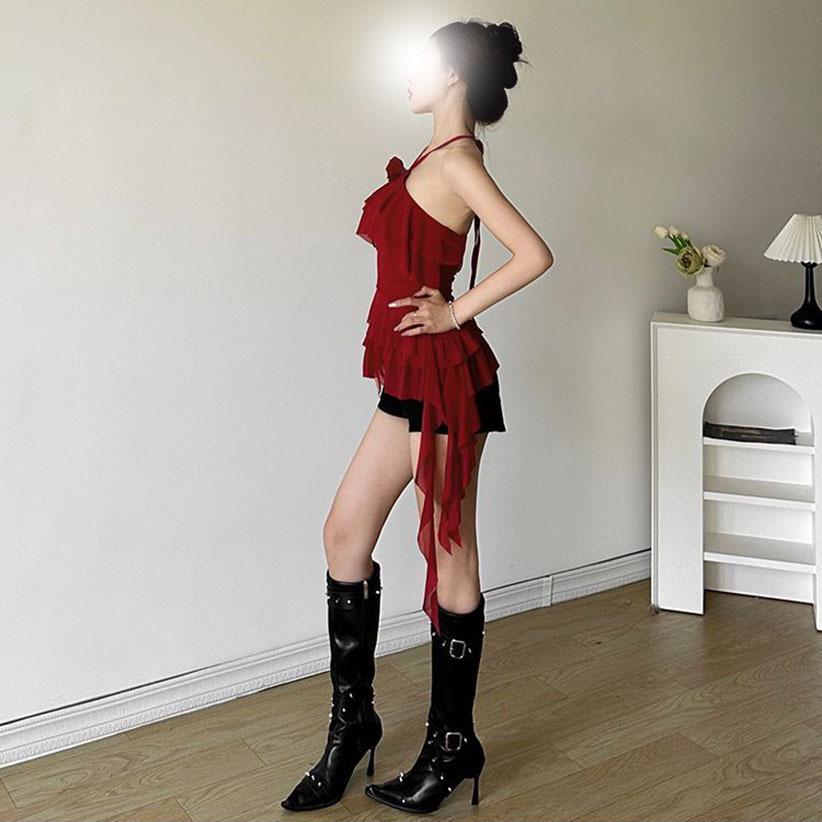 Chic 3D Rose Halter Crop Top - Women's Ruffled Irregular Summer Style