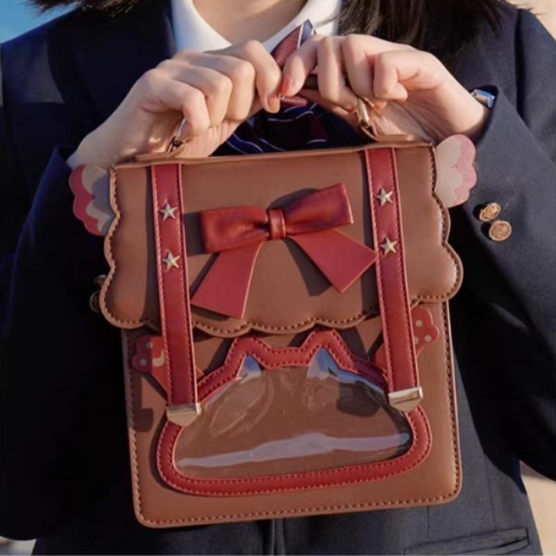 Móda Roztomilá sladká taška přes rameno pro ženy Barva mašle Kontrastní barva Lolita Jk Square Student Malý batoh Běžné Kožené Nový Batoh
