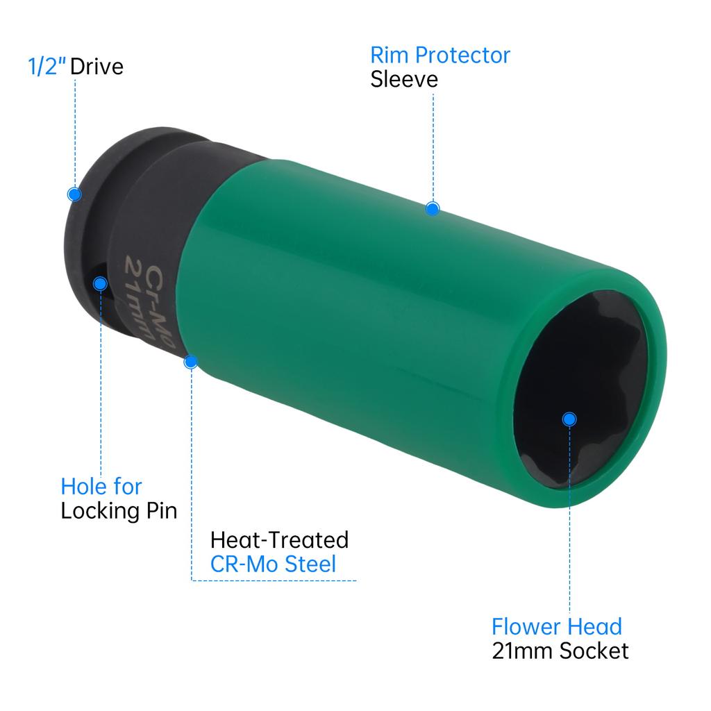 21mm 1/2 Inch Drive Chromium Molybdenum Steel Anti-Theft Lug Nut Socket Smart Cover