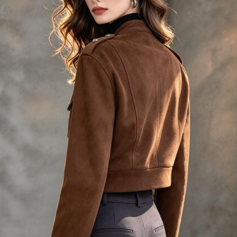 Vintage Suede Short Jacket Women's Maillard Stand-Up Collar Heavy Industry Gold Button Tooling Jacket