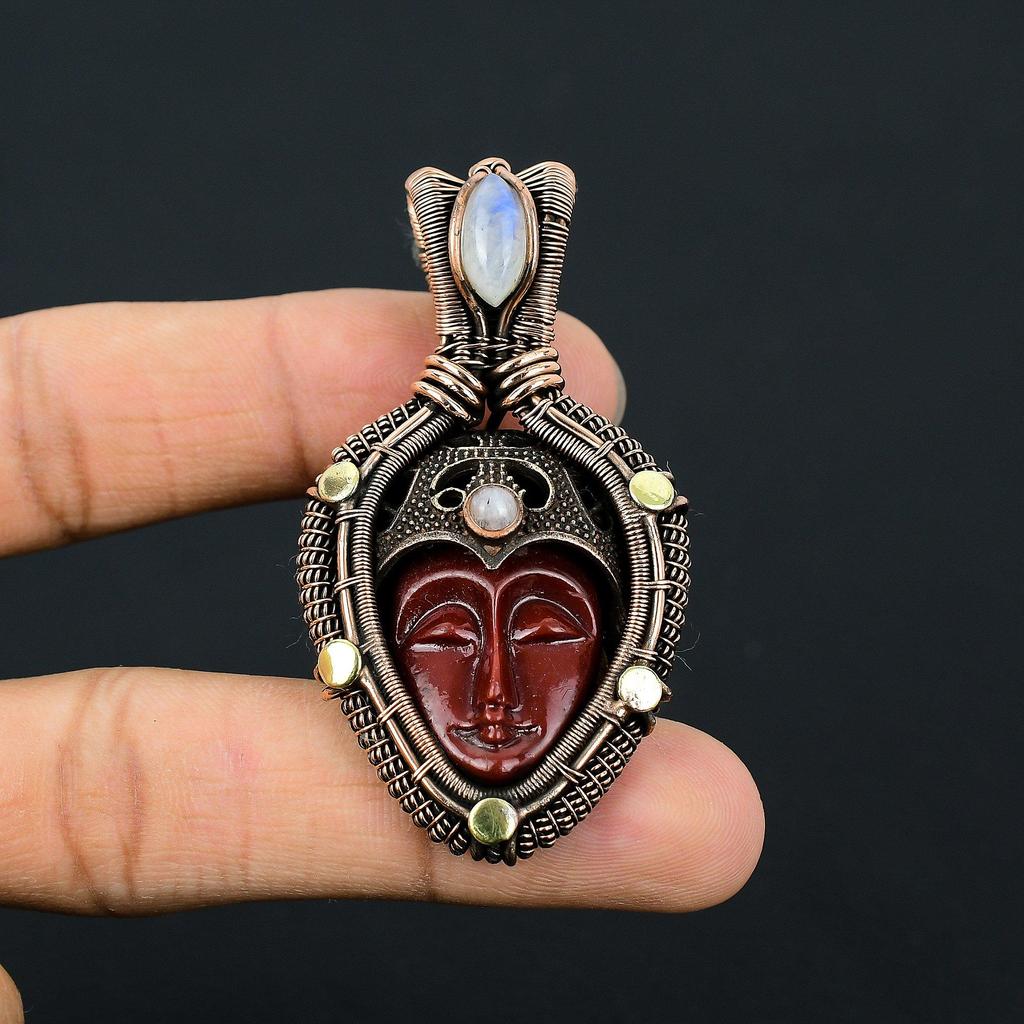 Red Carved Bone Face Gemstone Copper Wire Wrap Pendant Jewelry Gift For Her