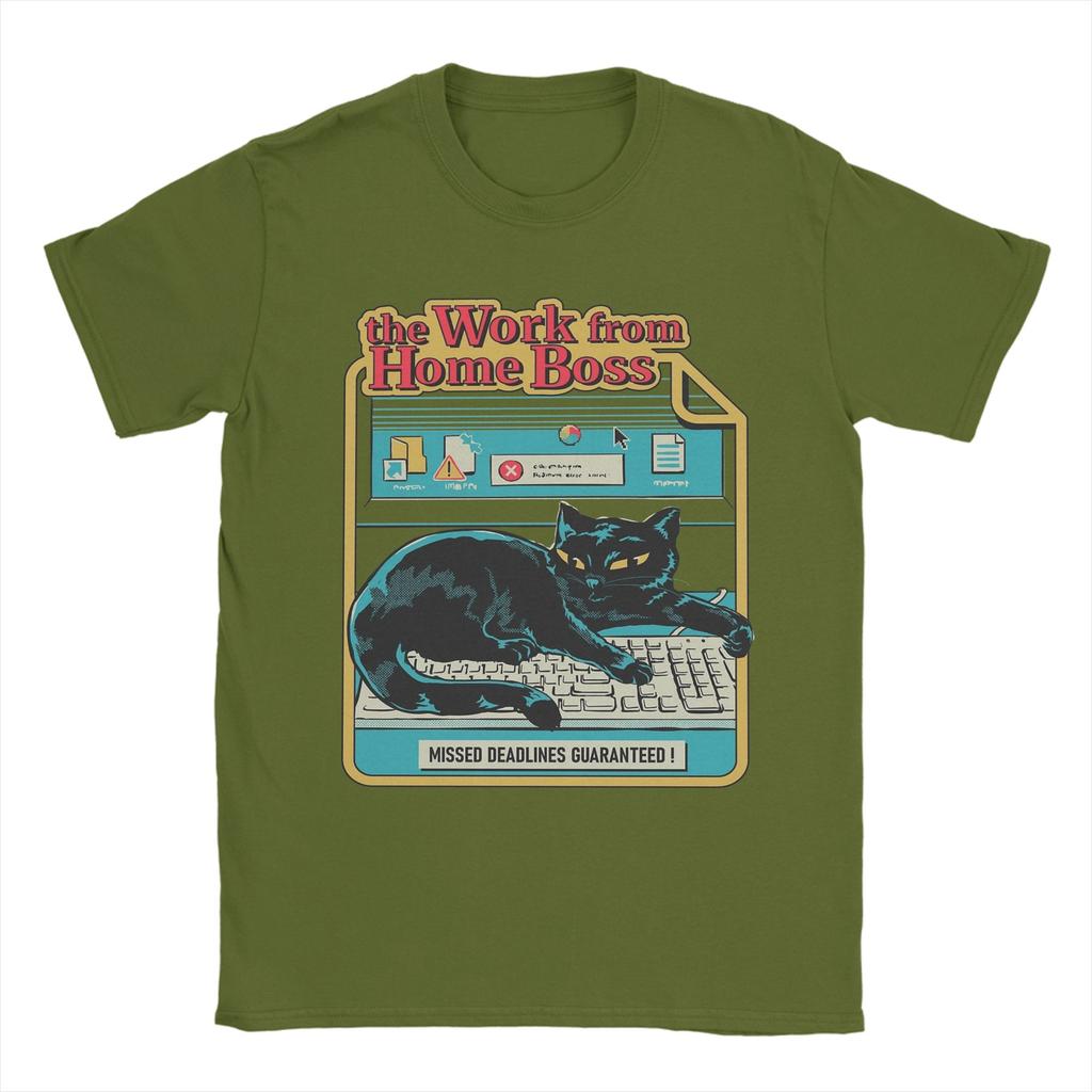 Vintage Work from Home Boss Cat Playing Computer Games T-Shirt Men Pure Cotton T Shirt Short Sleeve Tee Shirt Plus Size Clothing