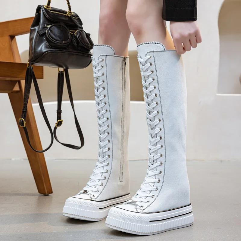 

Модные женские парусиновые кеды с высоким верхом 13 см, весна-осень 2025, ботфорты до колена на шнуровке и молнии, женские кроссовки на платформе и танкетке, вулканизированная подошва 40