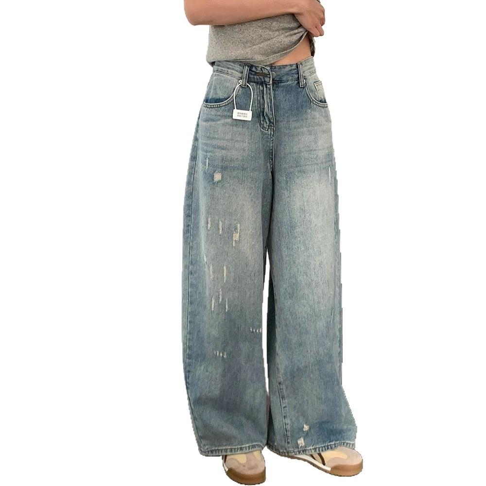 Big Yards Broken Holes High Street Wide Leg Denim Trousers Women High Waist Drape Skinny Dragging Trousers Jeans for Women Long Denim Pants