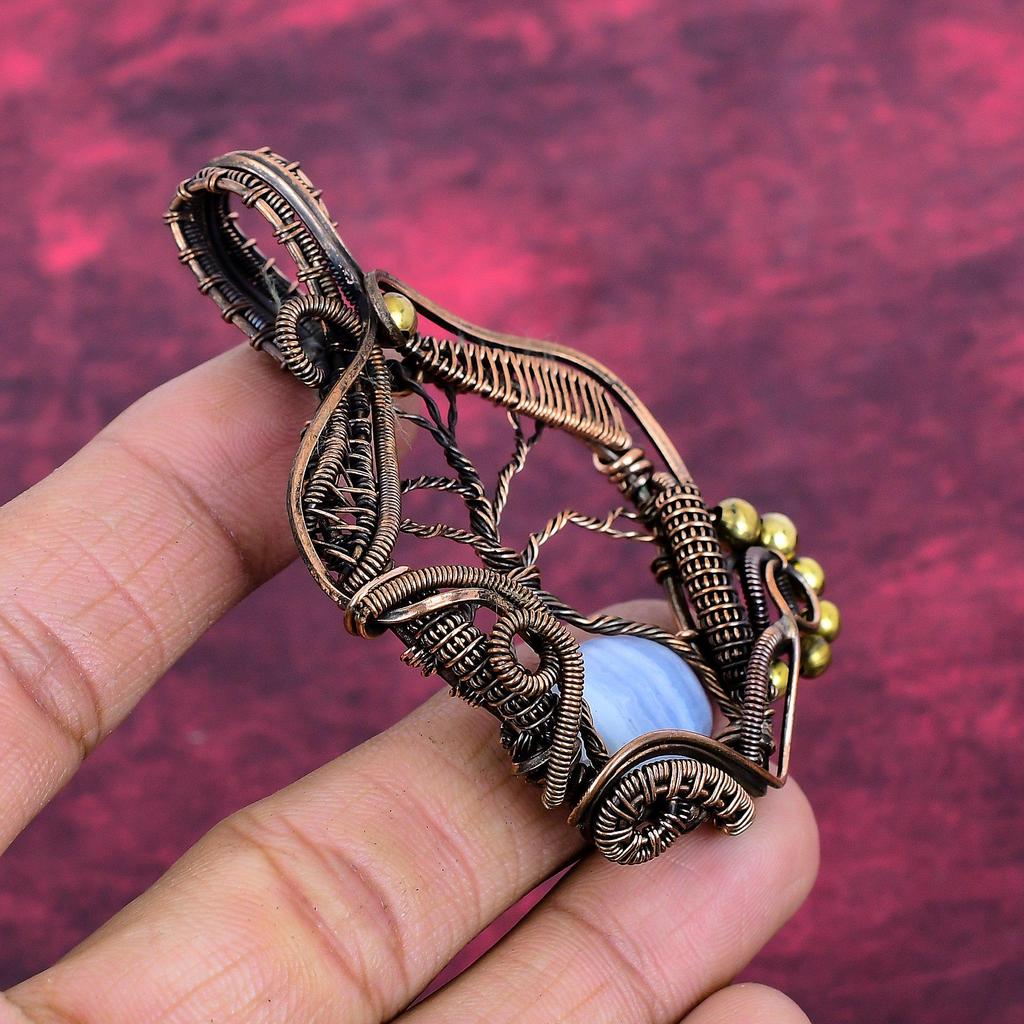Tree Of Life Blue Lace Agate Pendant Copper Wire Wrapped Pendant Genuine Gemstone Jewelry