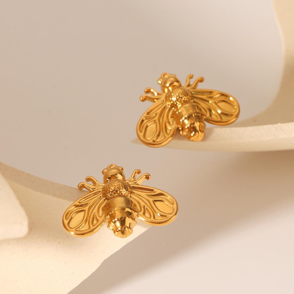 Euro-American Ins Style Stainless Steel Bee Stud Earrings, Unique Trendy Design, 18K Gold Titanium Steel Earrings