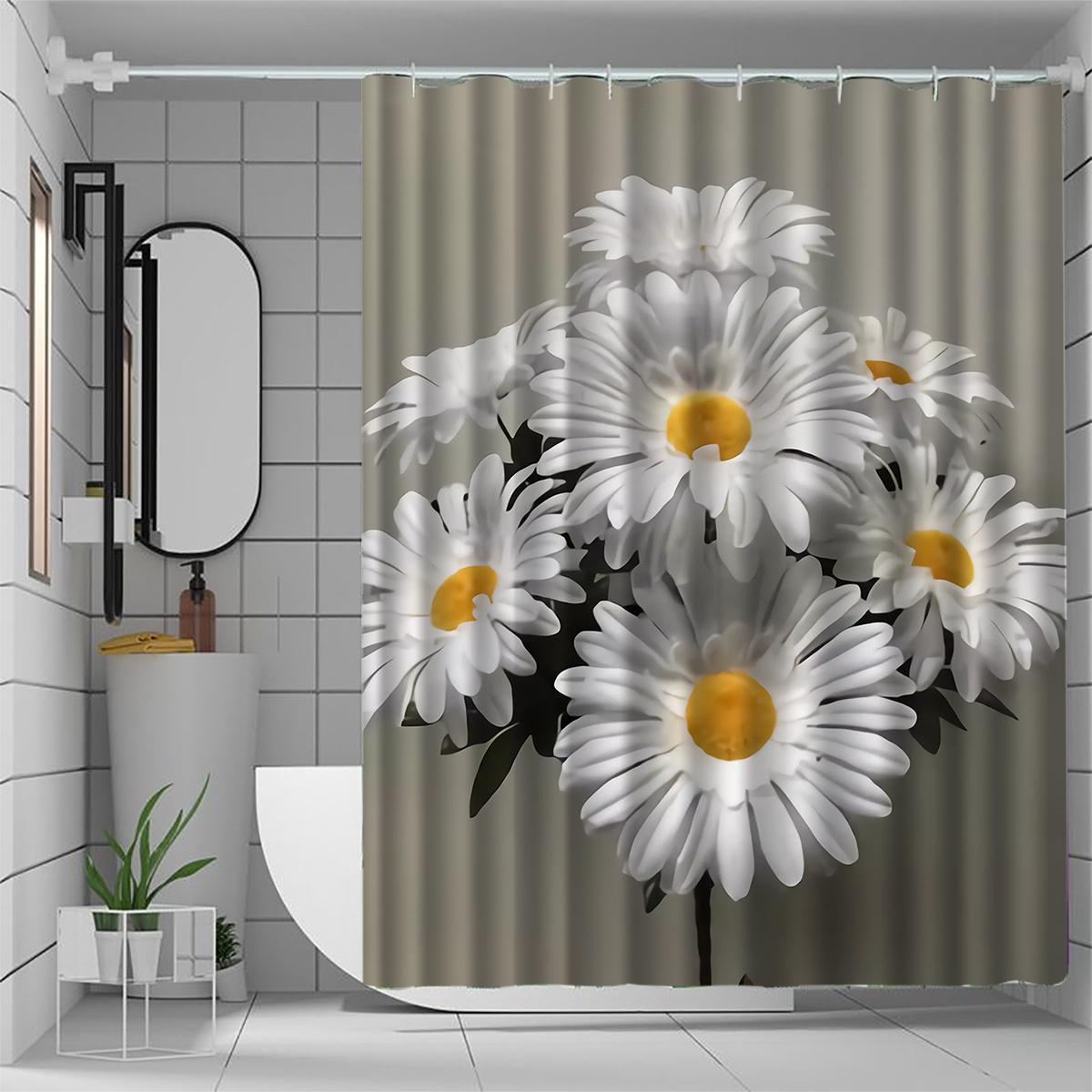 

White Chrysanthemum Shower Curtain - High-End Elegant,Multifunctional, Durable Polyester For Bathroom Decor W60H190(CM)-1 Pcs