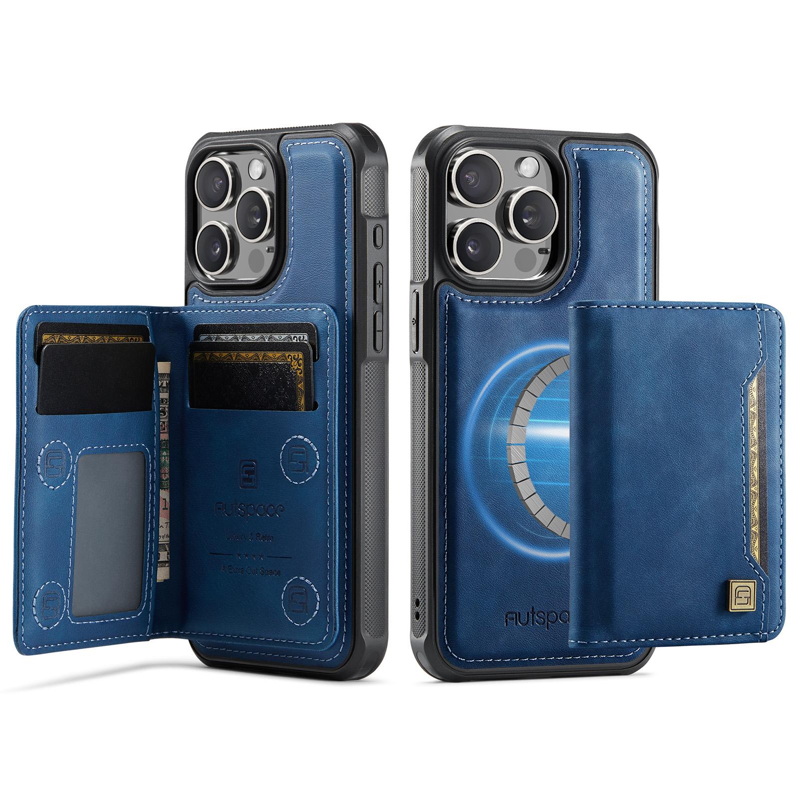 

For iPhone 15 Pro Case AUTSPACE A13 Vintage Leather Back Cover with Magnetic Detachable Card Bag Blue