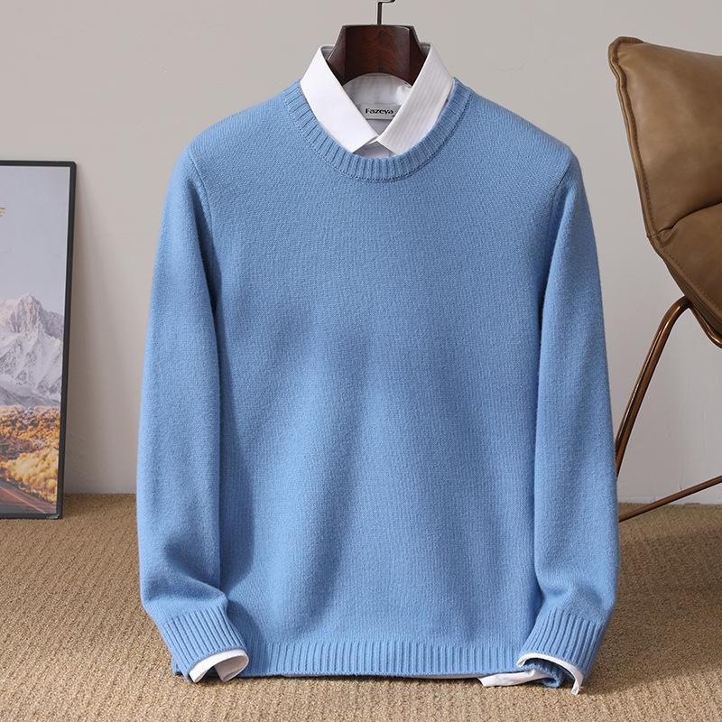 Men's Pure Wool Thickened Winter Pullover - Color Block Round Neck Cashmere Sweater