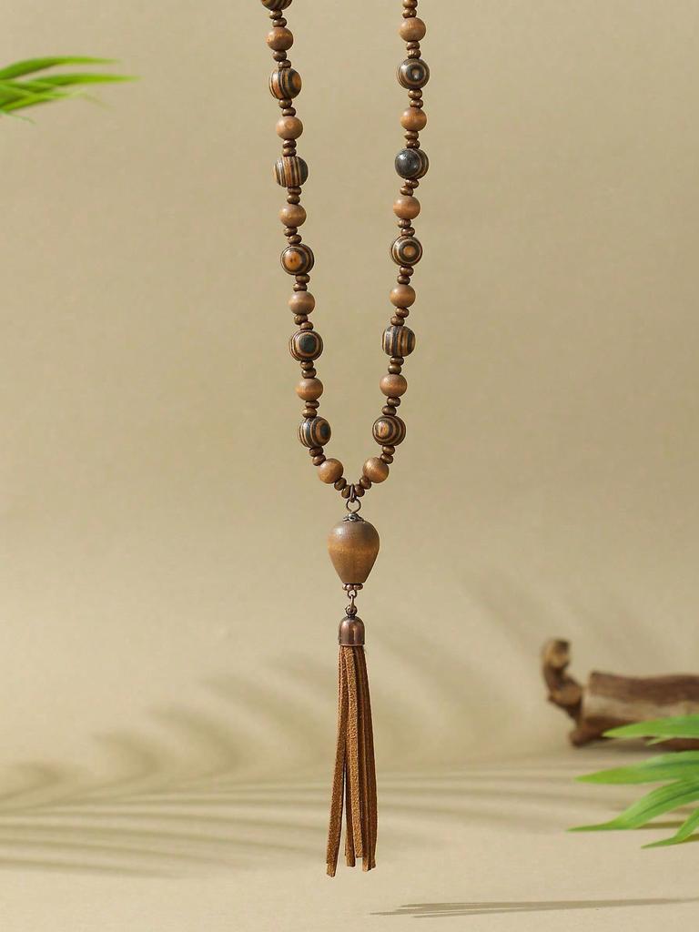 Bohemian Vacation Style Wooden Handmade Bead Pendant Necklace Long Sweater Chain Suitable for Women's Daily