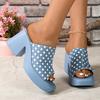Fashion Women High Heel Sandals 2025Design Blue Slippers Women New Square Toe Thick Bottom Sandal Woman Summer Comfort Thick Sole Slides