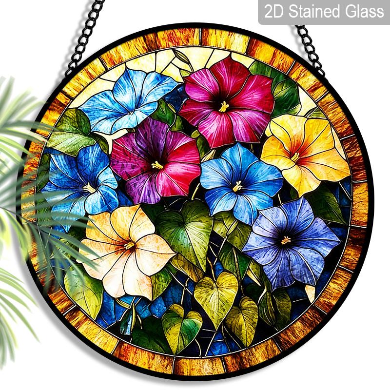 2D Flat, 1pc Morning Glory Round 7.87in Glass Suncatcher, Multicolor Morning Glory Floral Print Window Hanging Ornament, Climbing Flower Home Decor 7.87inch