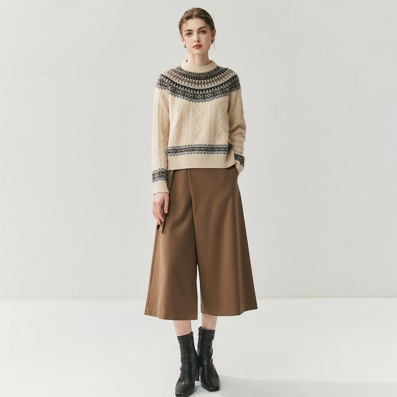 Women's Cashmere Fair Isle Plaid Pullover with Half-High Collar