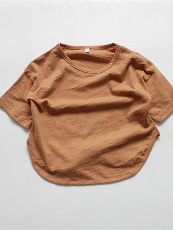 2025 Autumn Kids' Korean Style Round Neck T-shirt, Loose Fit, Short Sleeve, Cotton, for Girls & Boys