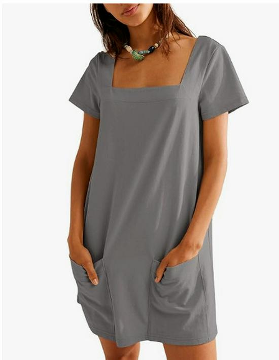 European and American Fashion: Women's Square Neck Short Sleeve Pocket Dress