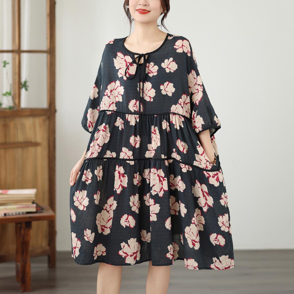 DIMANAF New 2026 Women Plus Size Summer Beach Print Long Dress Sundress Loose Oversize Maxi Lady Floral Cotton Dress