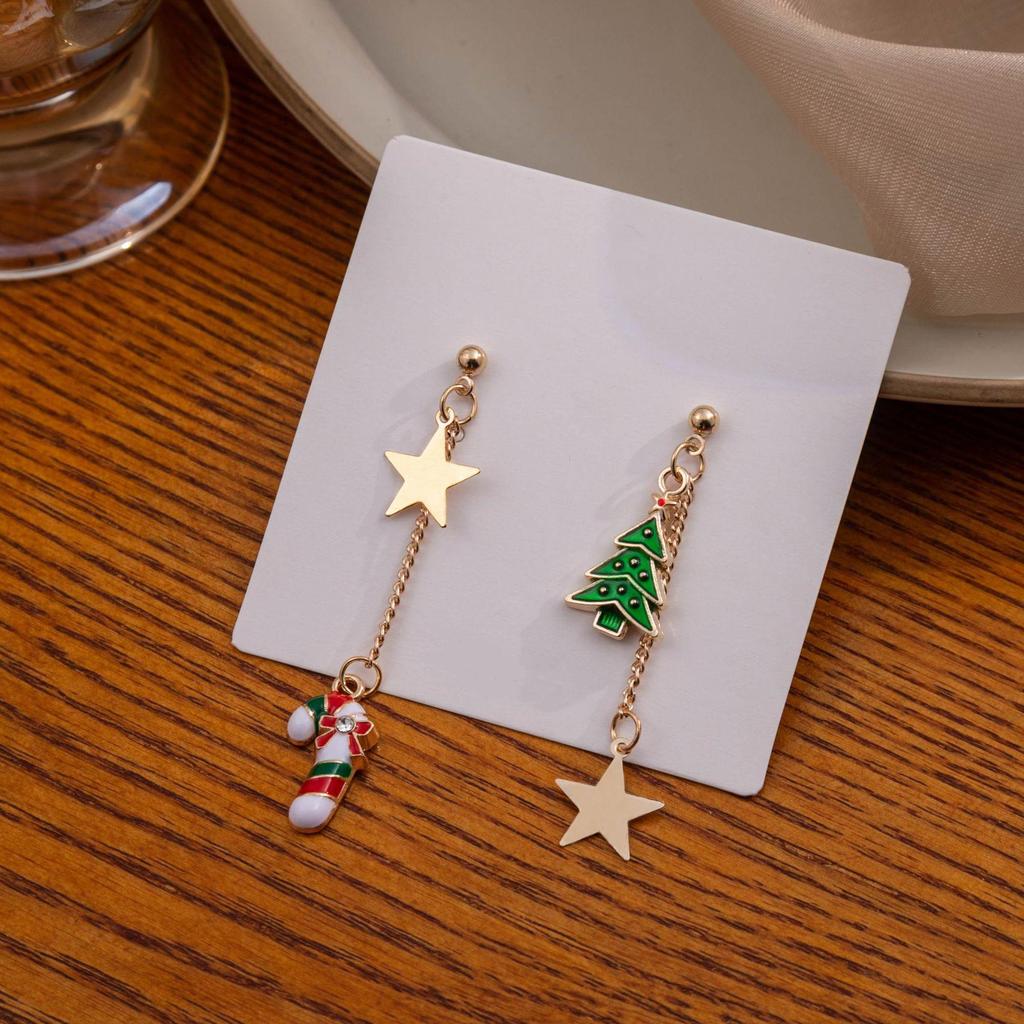 Asymmetrical Candy Cane & Star Christmas Tree Dangle Earrings