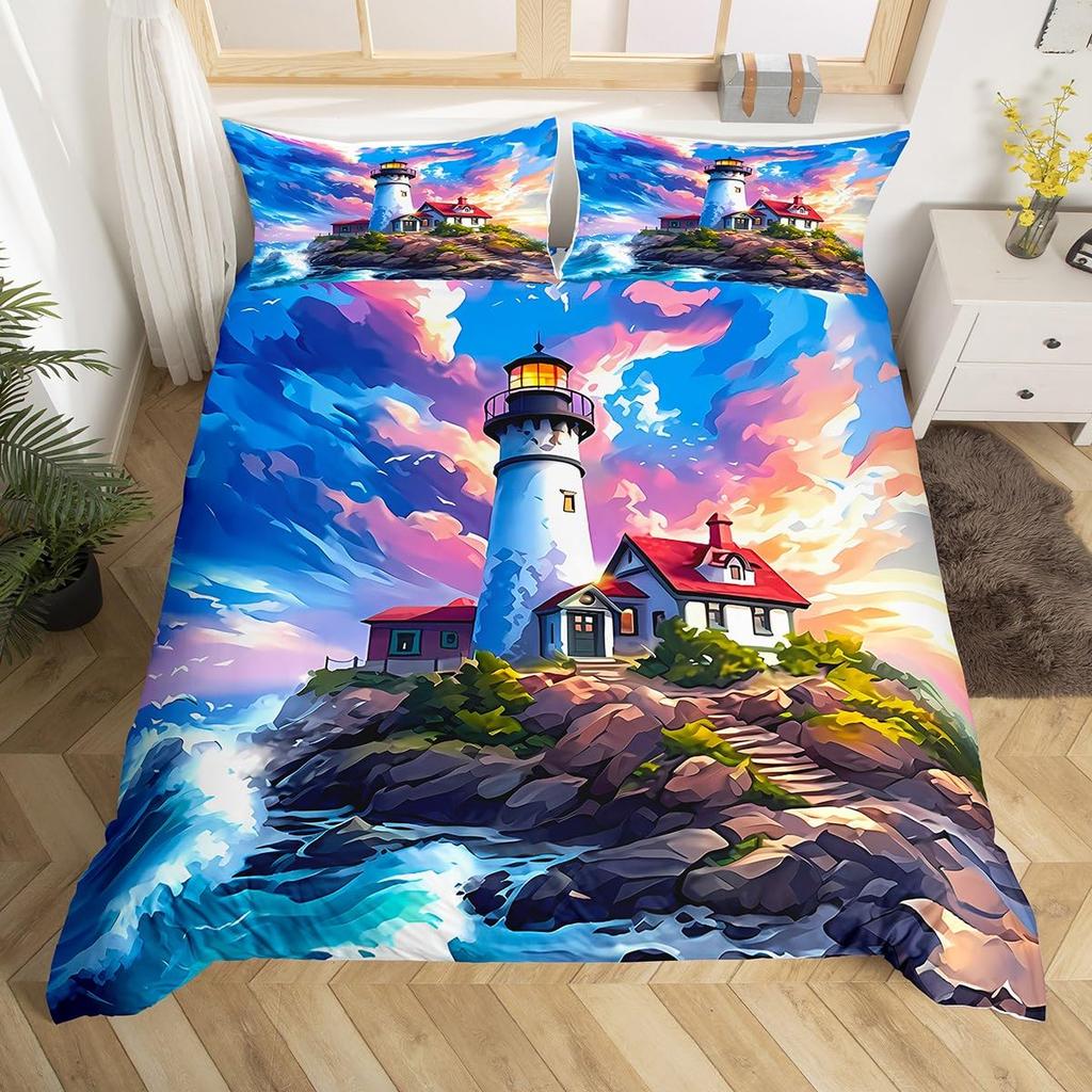 Ocean Beach Duvet Cover Full Lighthouse Comforter Cover Floral Butterfly Bedding Set for Adults Kids Summer Vacation Quilt Cover