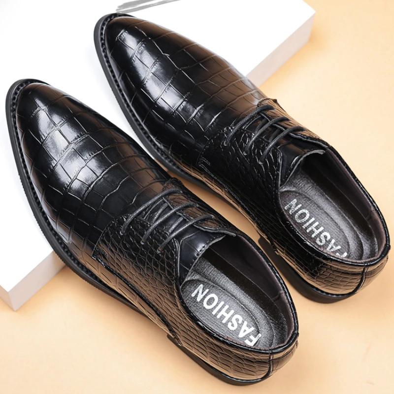 Luxury Brand Men's Leather Shoes Lace Pointy Derby Oxford Print Casual Mens Dress Shoes Man Wedding Party Shoes for Men