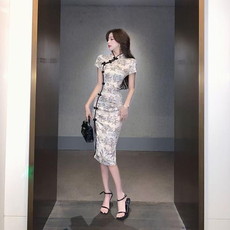 Elegant Floral Cheongsam: Summer Slim Fit Frog Button Midi Dress with Stand Collar and Side Slit