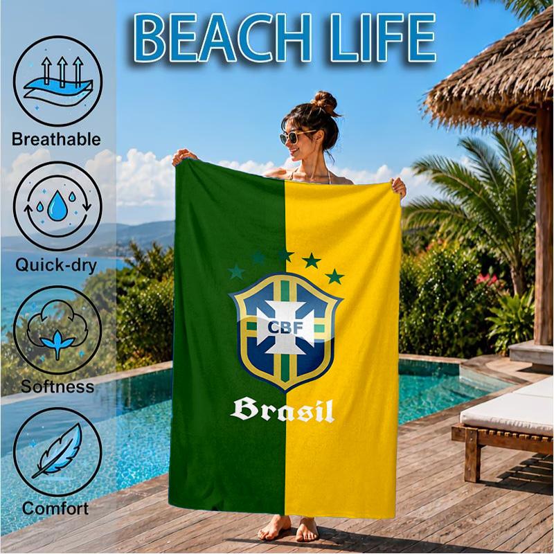 Brazilian Football Crest Printed Microfiber Beach Towel, Soft And Absorbent, Quick-Dry, Ideal for Summer Travel, Beach Essential, Swimming Pool