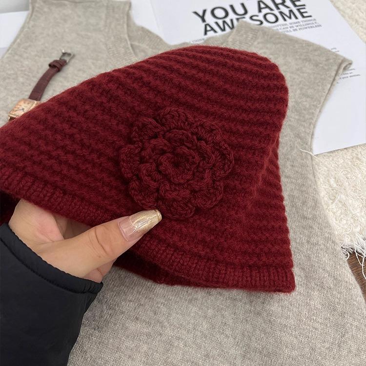 All Wool Flower Hat for Women Sweet and Handcrafted Woolen Knitted Hat  Winter Warm Ear Protecting Hat