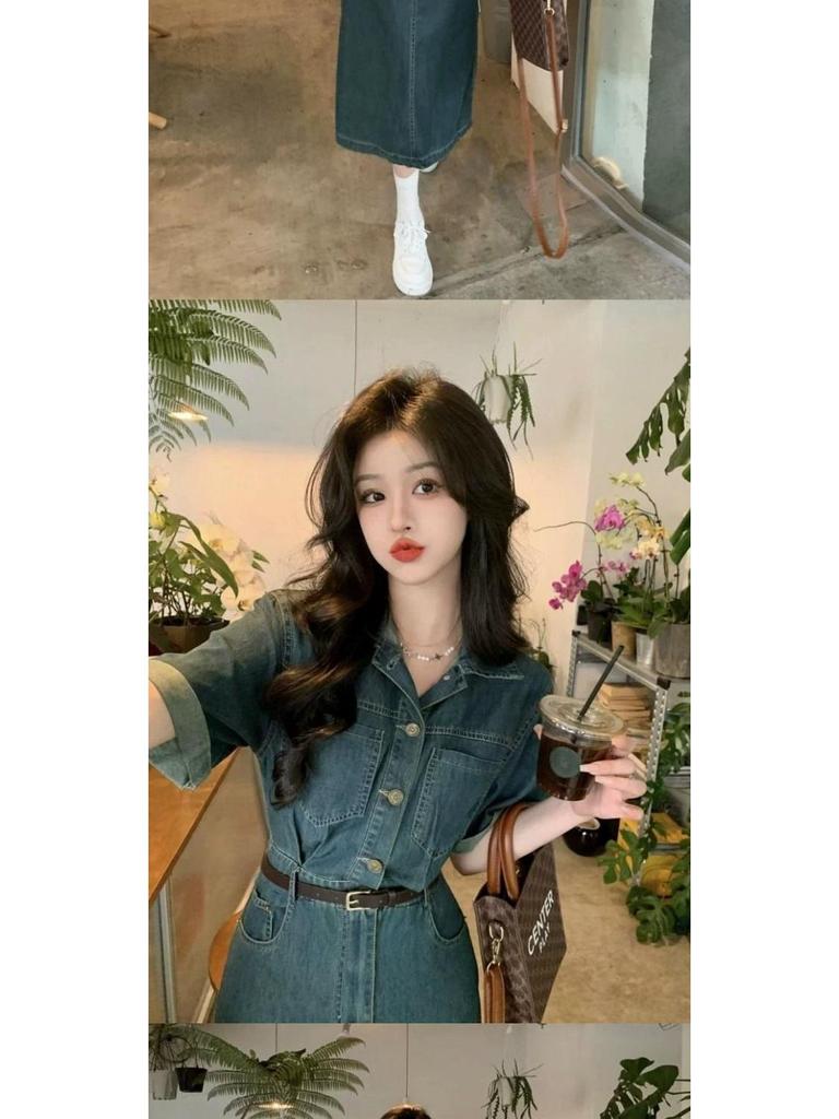 Women's Chic Hong Kong Style Retro Polo Collar Denim Dress - Slim-Fit, Waist-Cinching, Short Sleeve, Mid-Length A-Line Skirt, Summer Collection