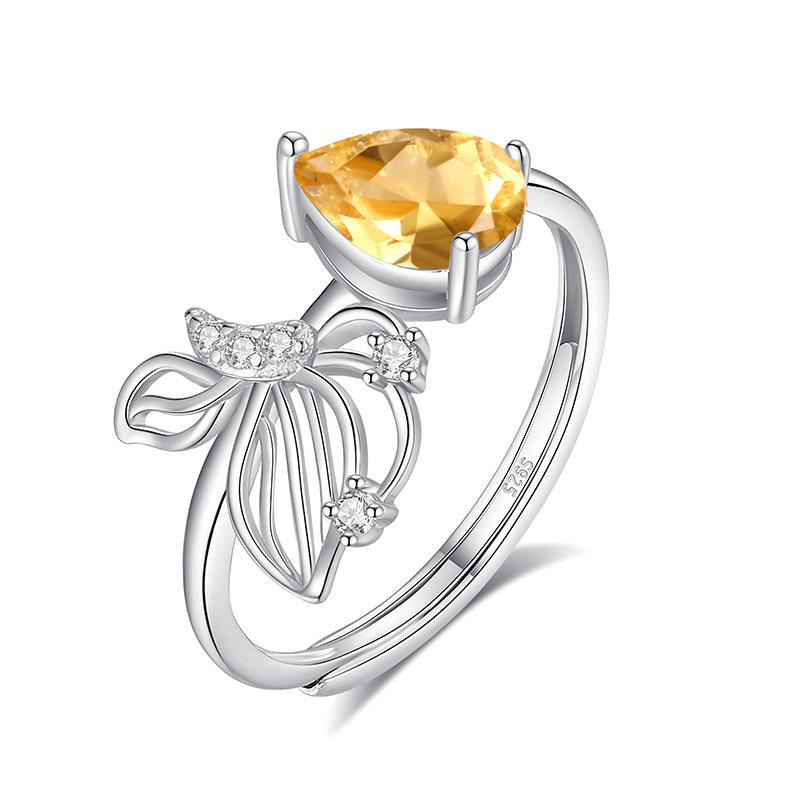S925 Sterling Silver Butterfly Crystal Open Ring, Adjustable Natural Stone Band, Elegant Dainty Jewelry for Women, Daily Wear & Gift