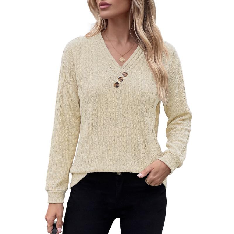 Women Solid Color V Neck Button Decoration Loose Long Sleeve Casual T Shirt Top