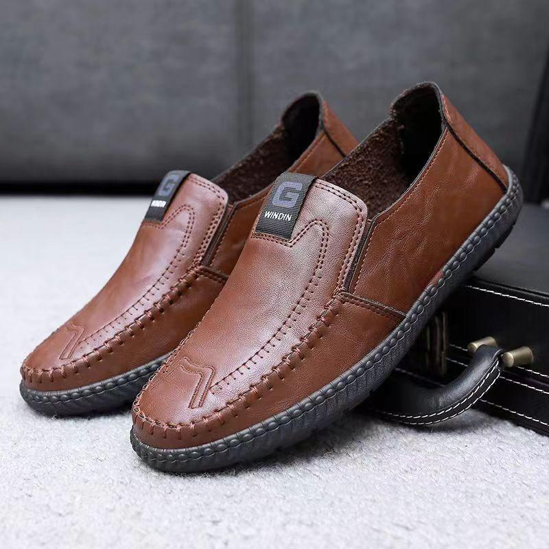 

Office Leather Casual Shoes Fashion Sewing Slip-on Loafers Outdoor Breathable Walking Shoe 2024 British Business Shoes Shallow 44 коричневый