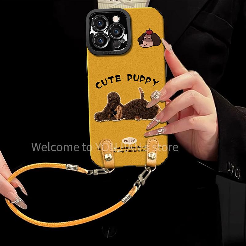 Embroidered Puppy Lanyard for Apple 15promax Mobile Phone Case Iphone17 Autumn and Winter 14 Silicone Sheepskin 16 Women