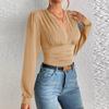 Herbst Frühling Frauen Sexy Tiefem V-Ausschnitt Langarm Solide Tops Blusen frauen Schlank Elegante Streetwear Top Femme Bluse