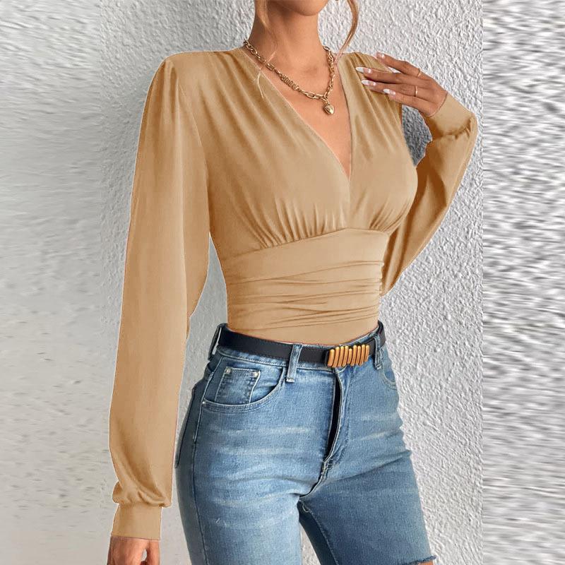 Herbst Frühling Frauen Sexy Tiefem V-Ausschnitt Langarm Solide Tops Blusen frauen Schlank Elegante Streetwear Top Femme Bluse