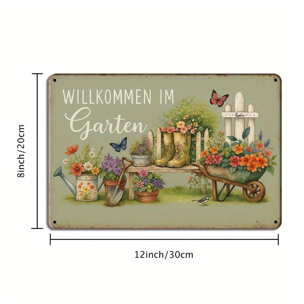 1pc Garden Metal Tin Sign, Willkommen Im Garten, Vintage Plaque Wall Art Decor For Yard Garden Porch, 20.07 X 29.97 Cm