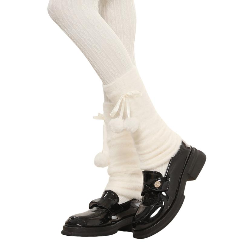 

Женские эластичные термо-чехлы на ноги с меховым помпоном и бантом, мягкие пушистые гетры, длинные носки, аксессуары для холодной погоды 1