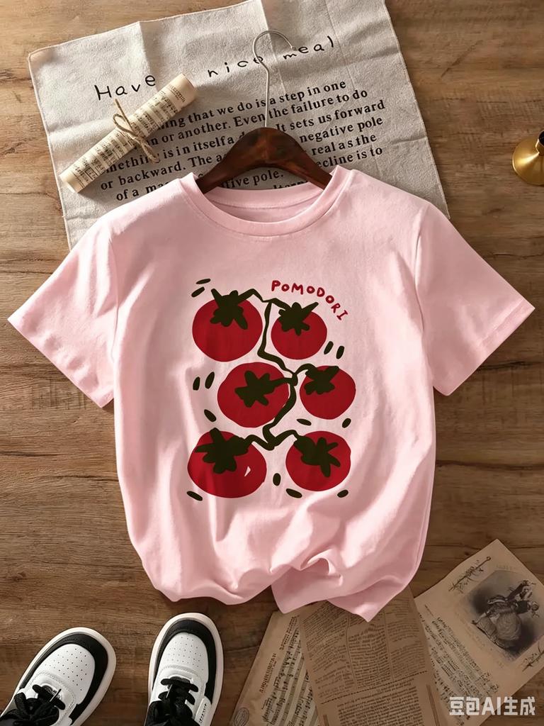 NewT-shirt with Tomato Print for Kids, Casual Round Neck, Suitable for Daily Wear, Spring Summer Autumn