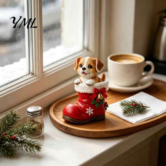 Puppy in Boots Figurine Christmas Santa Boot Resin Figurine, Cute Dog Holiday Tabletop Decor with New Year Party Decorations Bow Bell Holly,