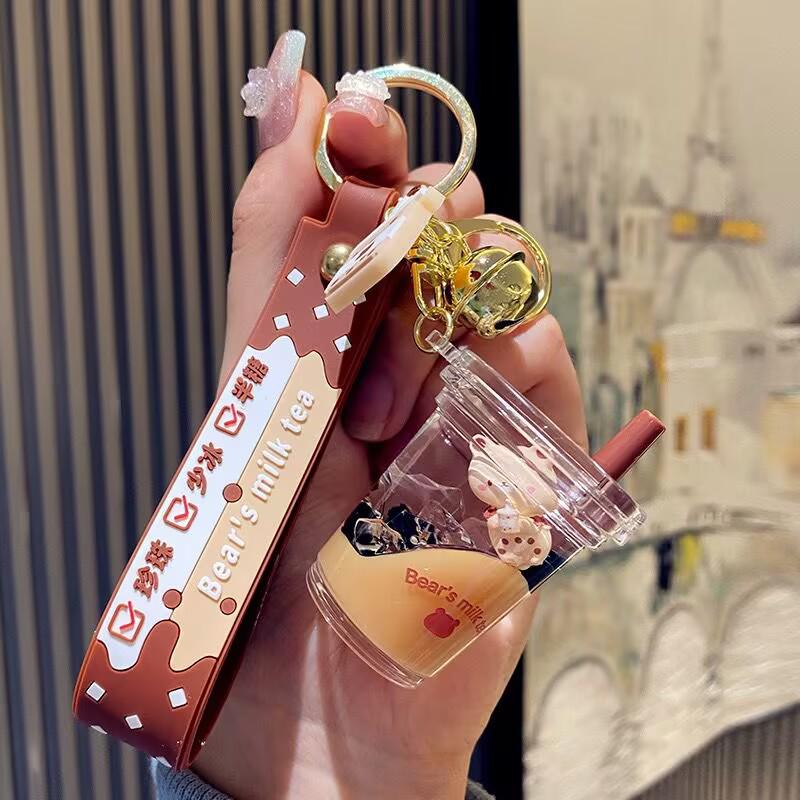 Pearl Milk Tea Bear Keychain - Floating Cartoon Pendant for Backpack or Car