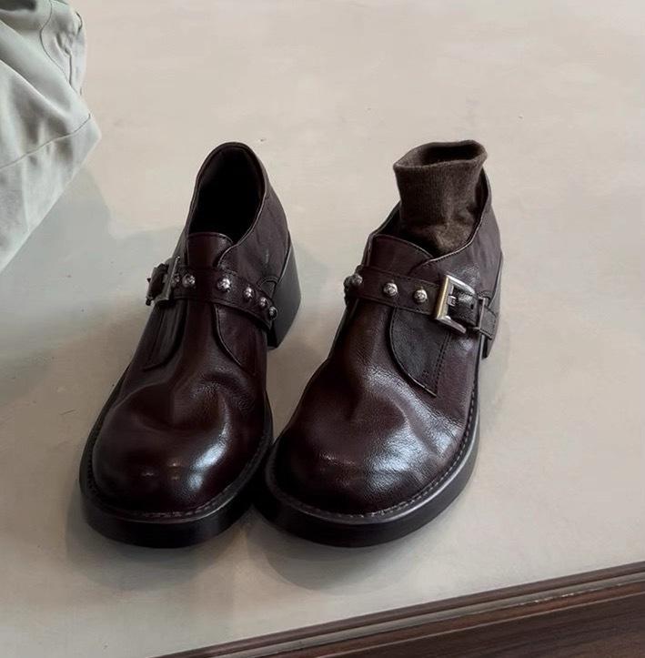 Washed Cowhide~ British Retro Round Head Rivet One-word Buckle Loafers Women's Versatile Leather Single Shoes Small Leather Shoes