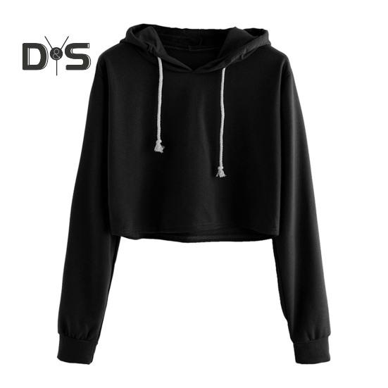 

Женская толстовка с капюшоном на осень и весну, свободная, однотонная, с эластичными манжетами на шнурке, короткая длина, повседневный свитер, повседневная одежда, топ S чёрный