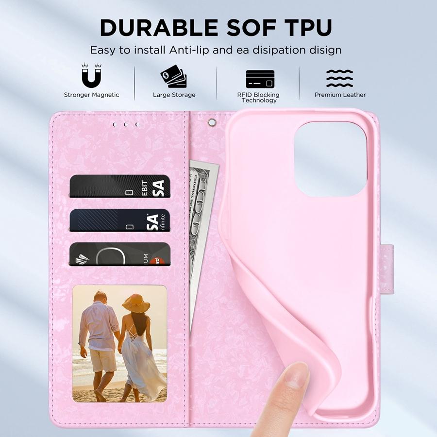 Funda de teléfono de lujo con diseño de flores en relieve para iPhone 16, 15, 14, 13, 12 y 11, Samsung S25, S24, S23, A16, A15, A14, A56 y A55, con tarjetero y bloqueo RFID.