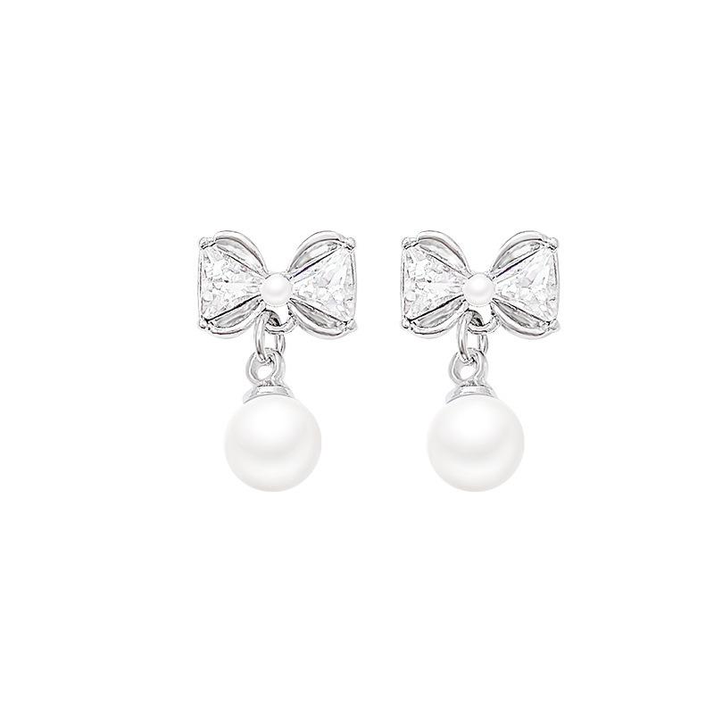 Silver Needle Bow Pearl Stud Earrings Women's Light Luxury Temperament High-end Earrings Annual Explosion Unique Earrings