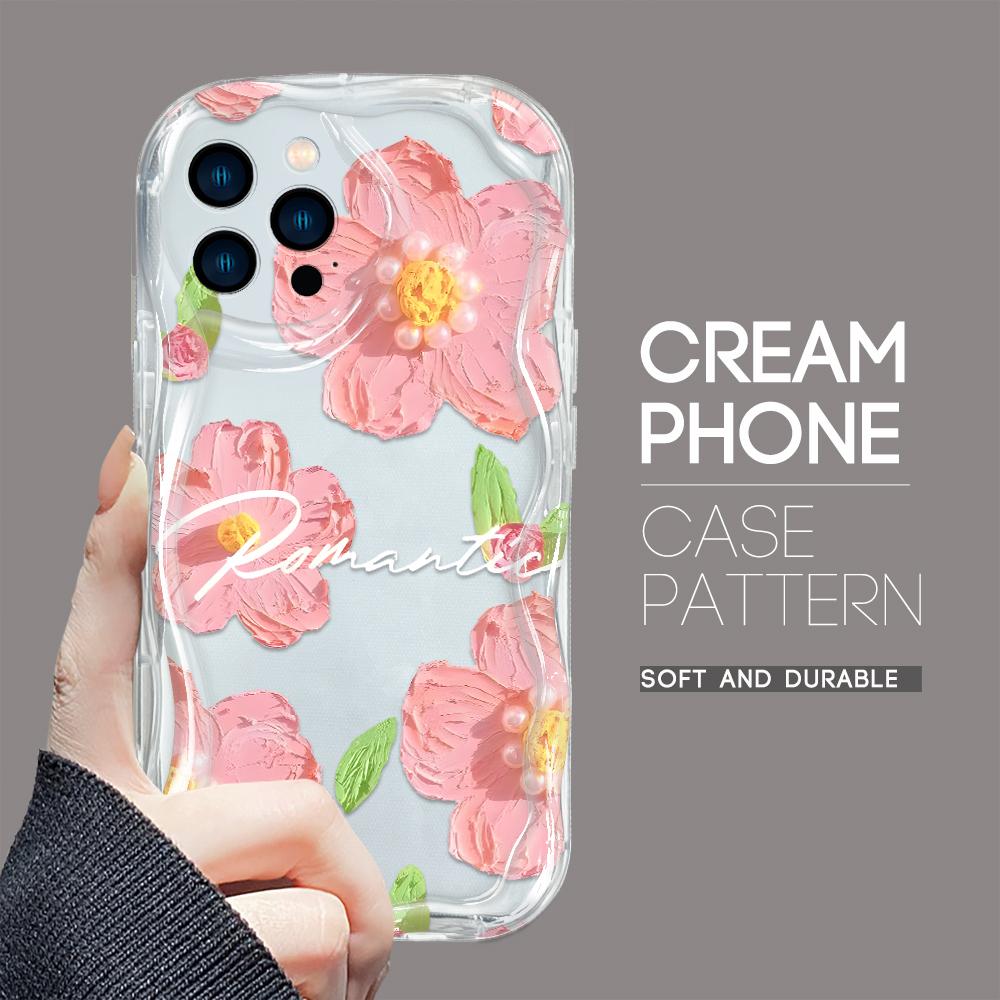 For iPhone 16 15 14 13 12 Samsung S24 S23 S22 A06 A13 A14 A15 A16 A55 Redmi Note 13 12 Pink Flowers Pattern Soft Silicone Wave Edge Phone Case